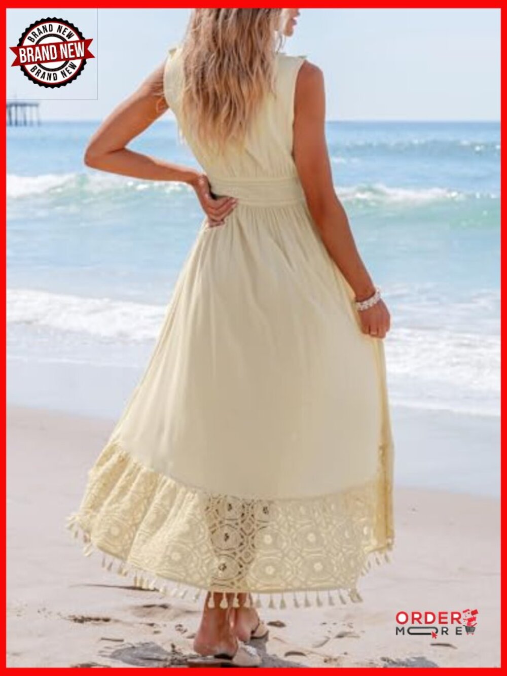 V-Neck Sleeveless Maxi Dress with Lace Tassel Smocked Waist - Picture 3 of 7